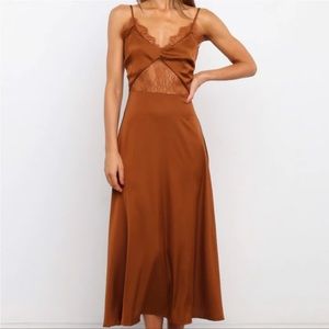 Petal & Pup Rust Brown Satin Midi Slip Dress